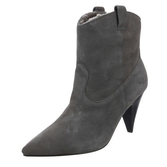 NIB! Sigerson Morrison 9.5 Suede Western Ankle Boots Shearling Cone Heels Gray - Picture 12 of 12